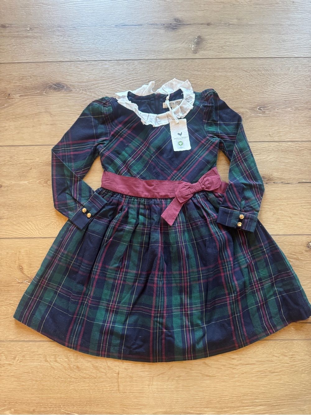 Girls' Tartan Long-Sleeve Dress with Ruffle Collar and Maroon Bow
